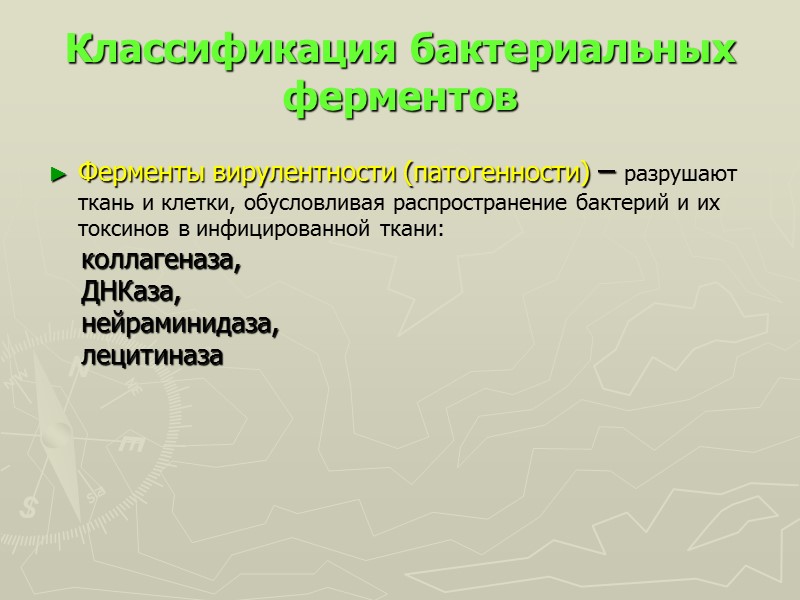 Классификация бактериальных ферментов  Ферменты вирулентности (патогенности) – разрушают ткань и клетки, обусловливая распространение